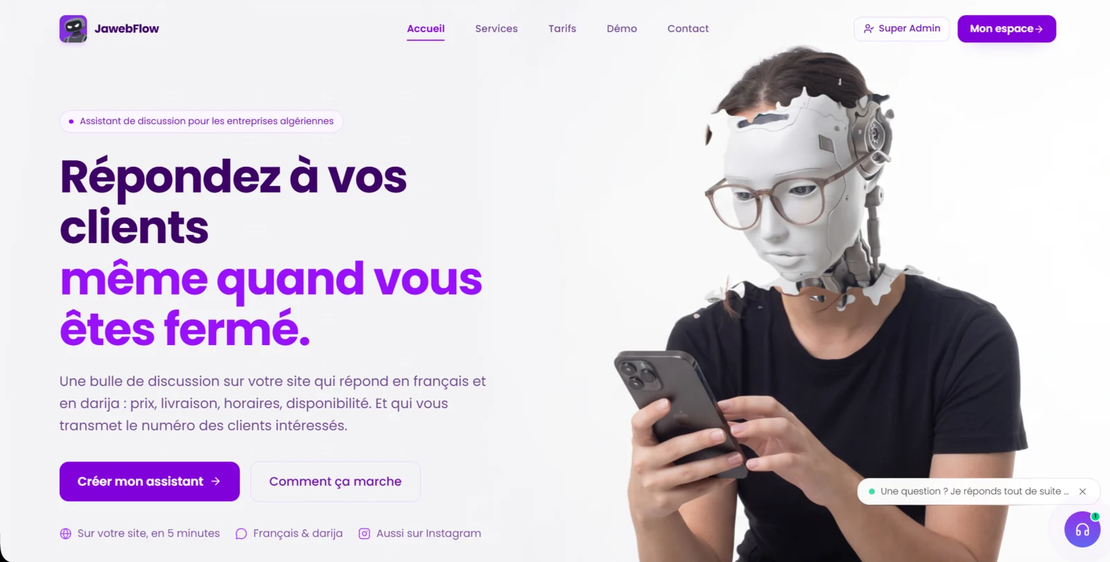 Accueil de JawebFlow présentant un assistant de discussion pour les entreprises